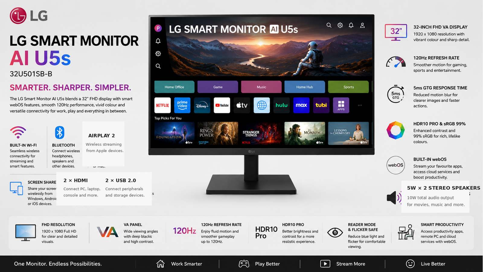 LG 32U501SB-B Smart Monitor AI U5s 32-inch FHD VA Display, 120Hz, 5ms GTG, HDR10 Pro, webOS, AirPlay 2, Wi-Fi, Bluetooth, 10W Stereo Speakers, HDMI, USB, Black | 32U501SB-B